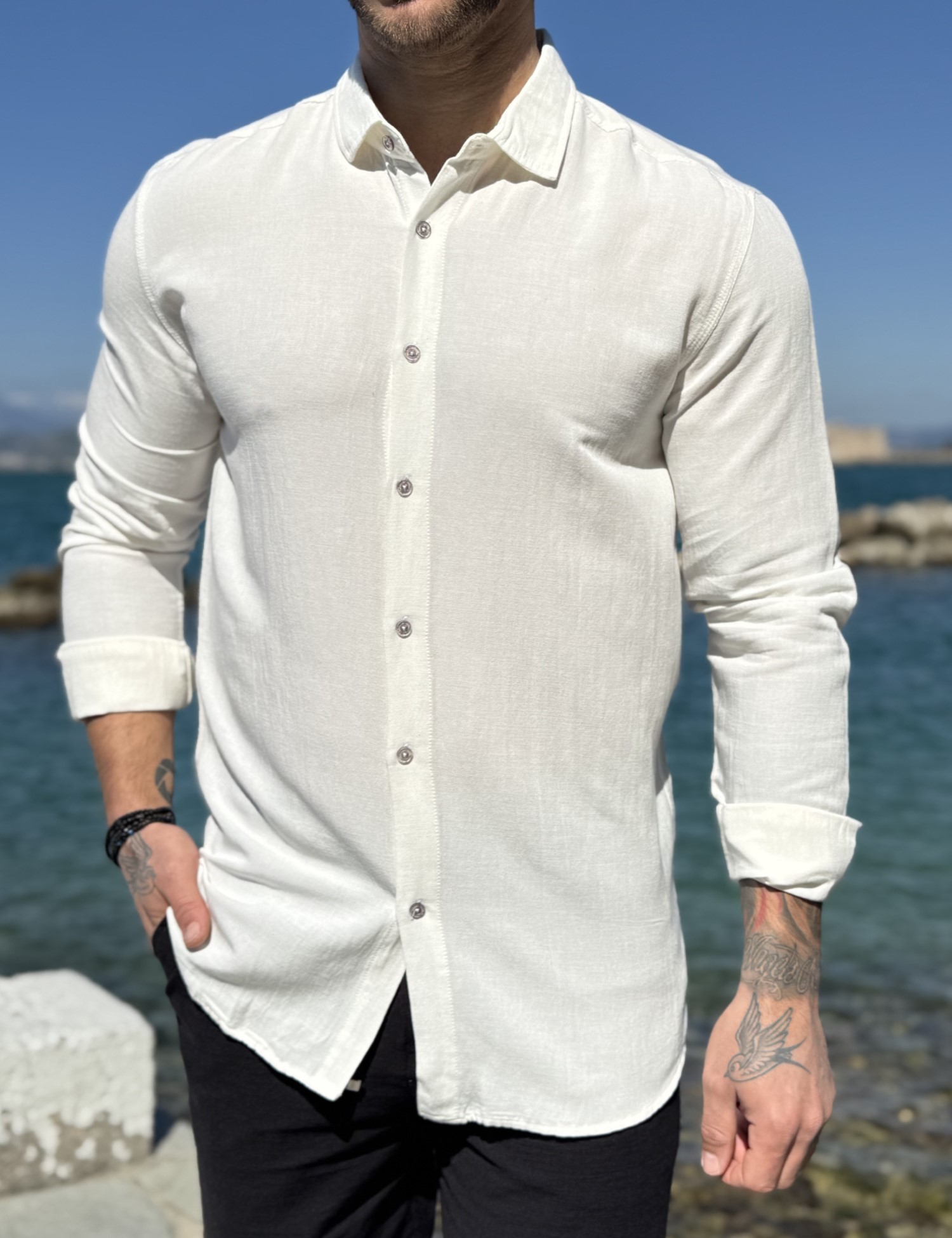 Ανδρικό εκρού μακρυμάνικο πουκάμισο 9727